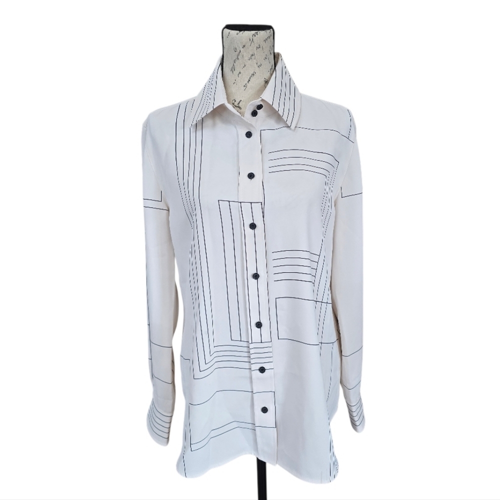 Lafayette 148 New York Ivory Black Abstract Print Button Blouse L